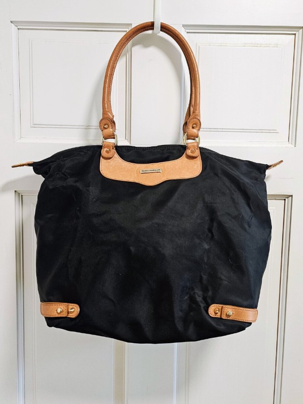 Rebecca Minkoff Studded Nylon Tote with Tan Leather Accents